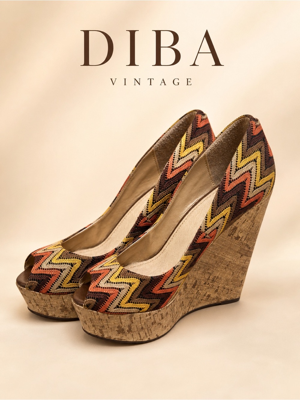 Diba Vintage Boho Retro Chevron Platform Cork Peep Toe Wedge Size 10M